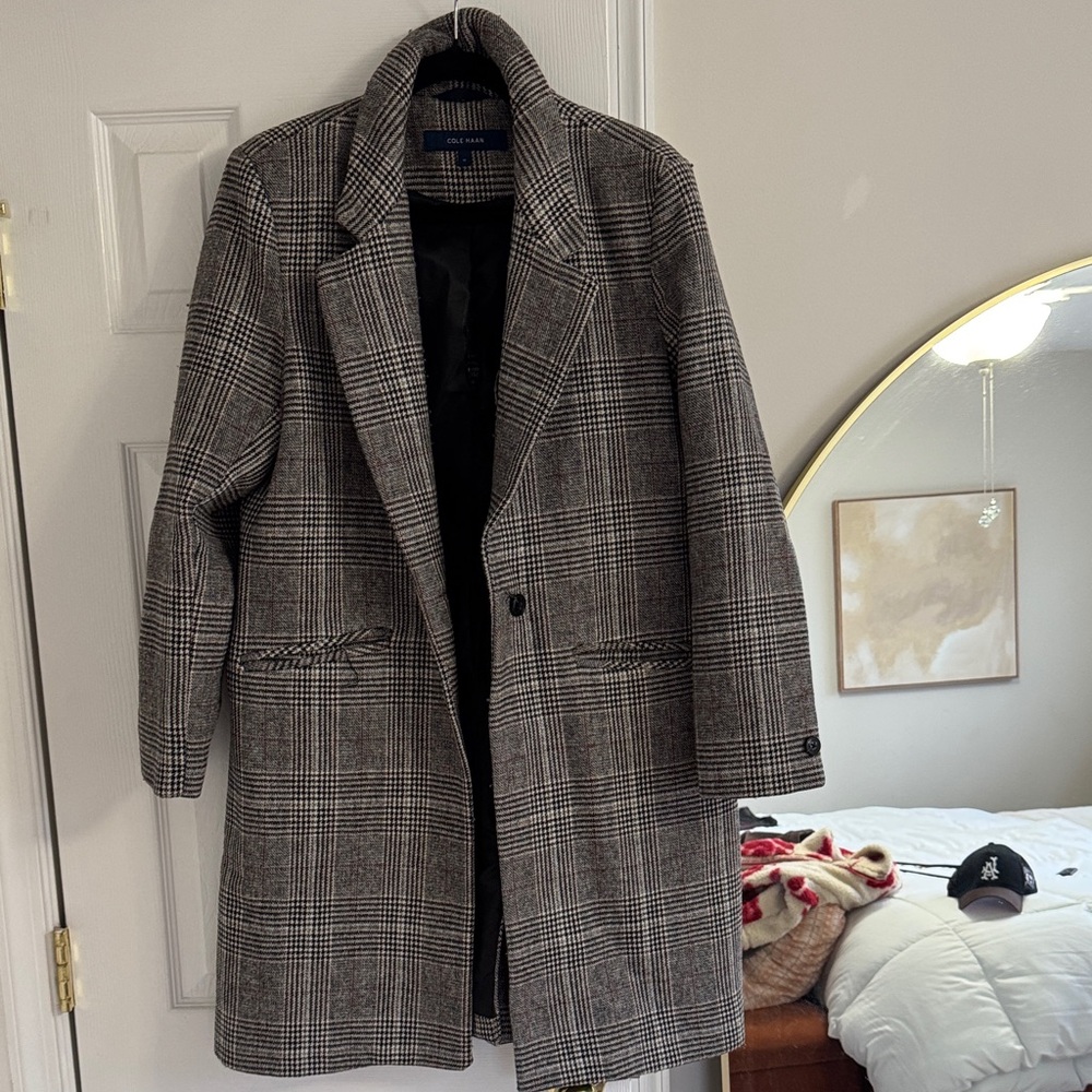 Cole Haan Black and White Plaid Trench Coat